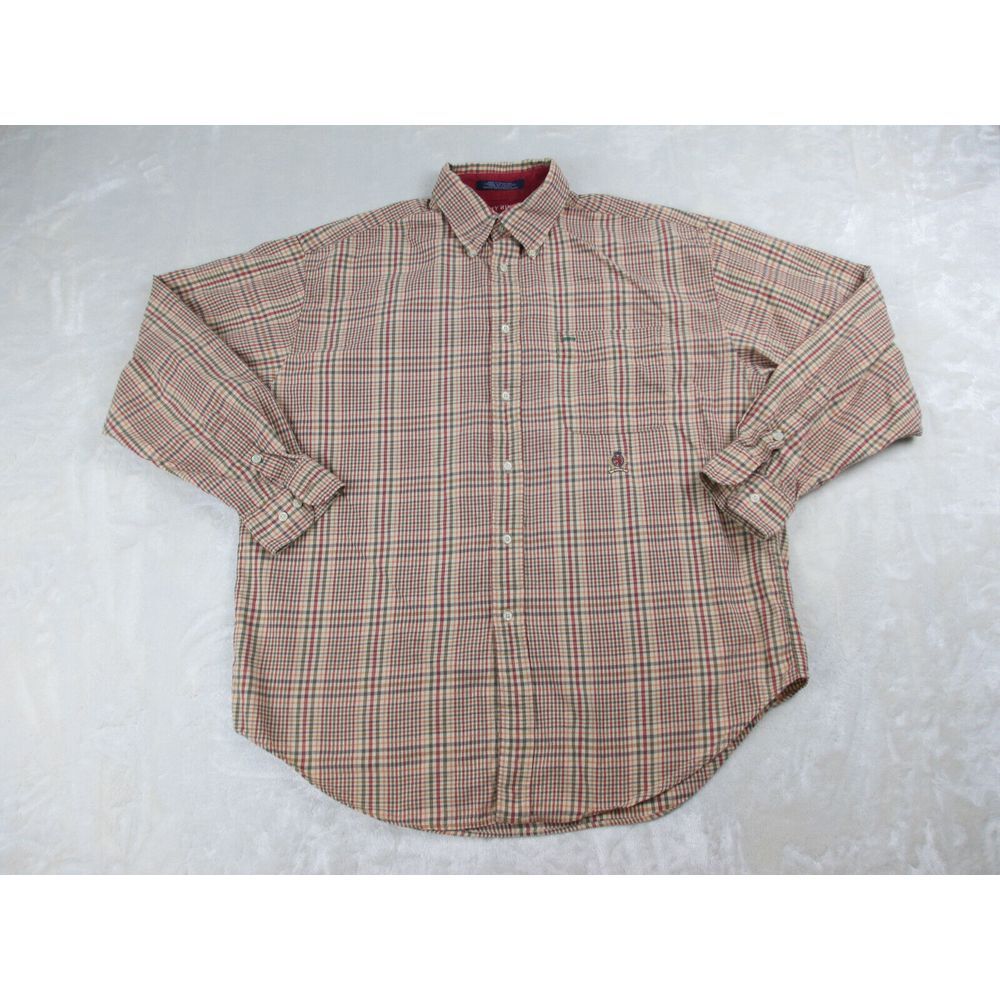 VINTAGE Tommy Hilfiger Shirt Mens Large Brown Button Up Plaid Long Sleeve Casual